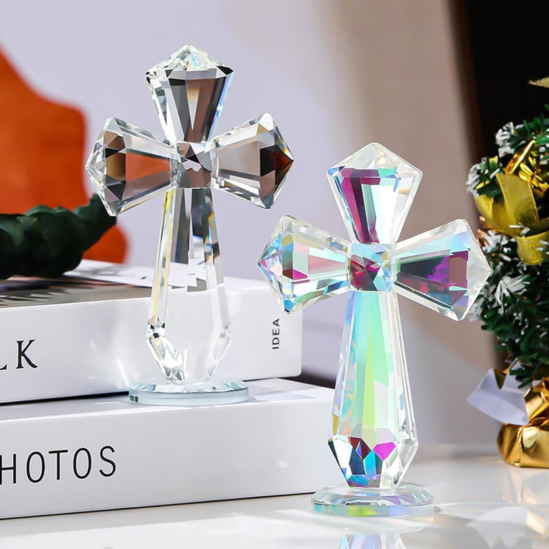 Rotroyce Hand-Carved Crystal Cross Desk Decor - 6 Inch Spiritual Gift for Christians, Clear K9 Crystal Religious Figurine with 360° Faceted Design (Transparent & Multicolored) - Image 2
